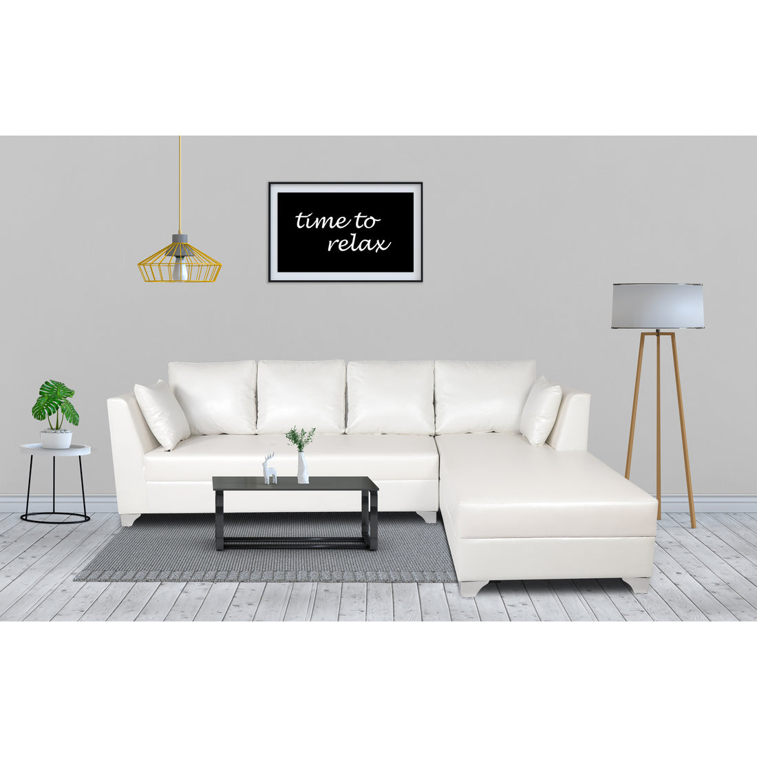 Adorn India Bradley Leatherette L Shape 6 Seater Sofa Set (White)