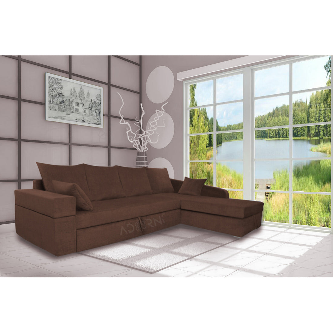 Adorn India Comfort Line L Shape 6 Seater Corner Sofa Cum Bed RHS (Brown)