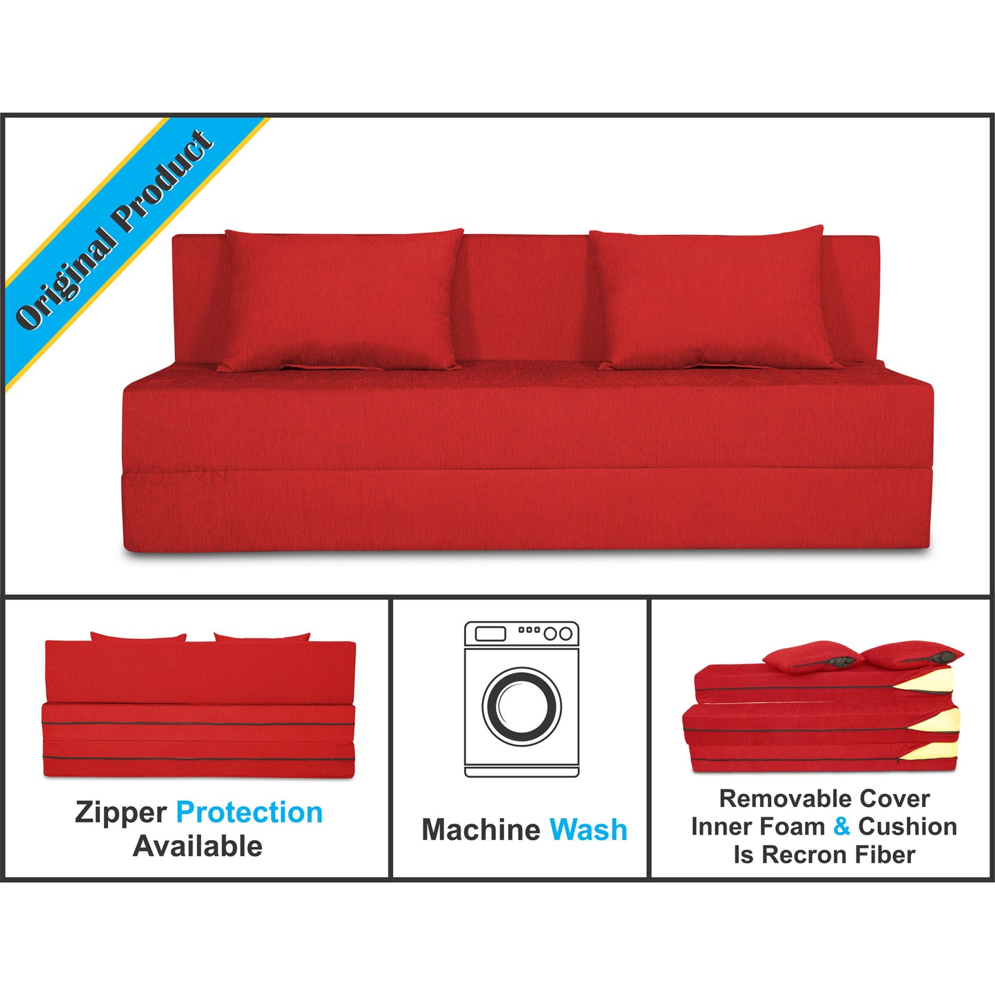 Adorn India Easy Three Seater Sofa Cum Bed Alyn 6'x 6' (Red)