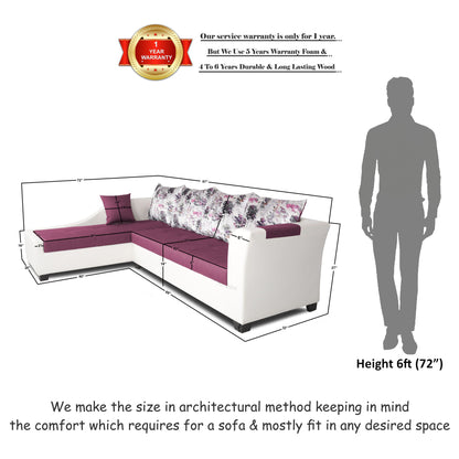 Adorn India Aliana L Shape Leatherette Fabric 6 Seater Sofa (Left Side Handle)(Light Purple & White)