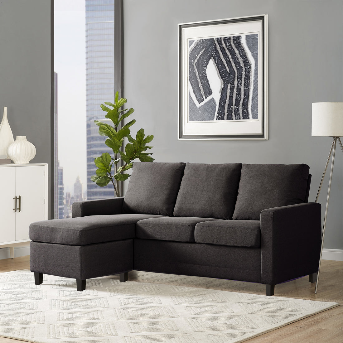 Adorn India Daffodil Three Seater Modular Sofa (Grey), Wood, Foam
