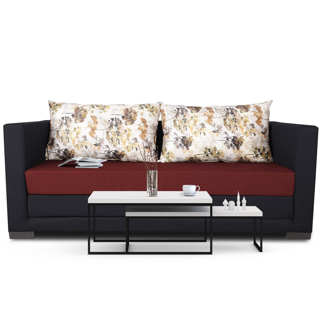3 Seater Sofa Cum Bed Exclusive Two Tone Straight Line (Maroon & Black), Wood, Foam