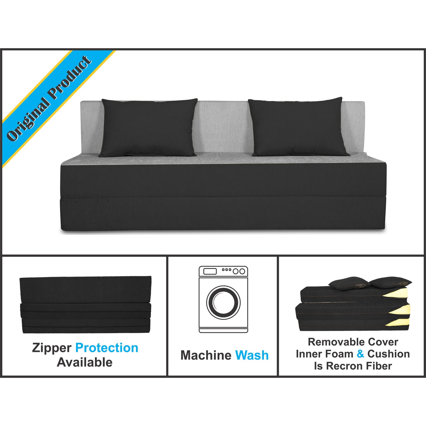 Adorn india Easy Three Seater Sofa Cum Bed(Black & Grey) 6'x6'