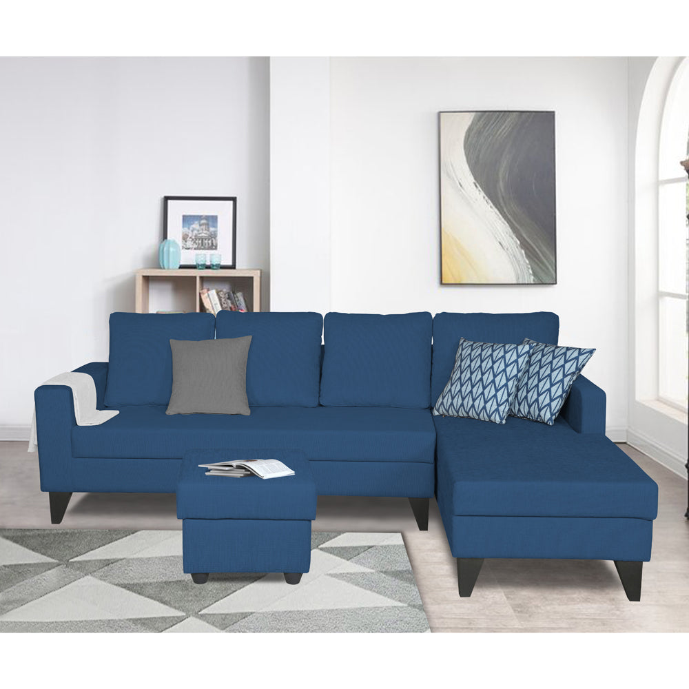 Adorn India Hallton L Shape Decent Sofa Set 6 Seater with Ottoman (Right Side) (Blue)