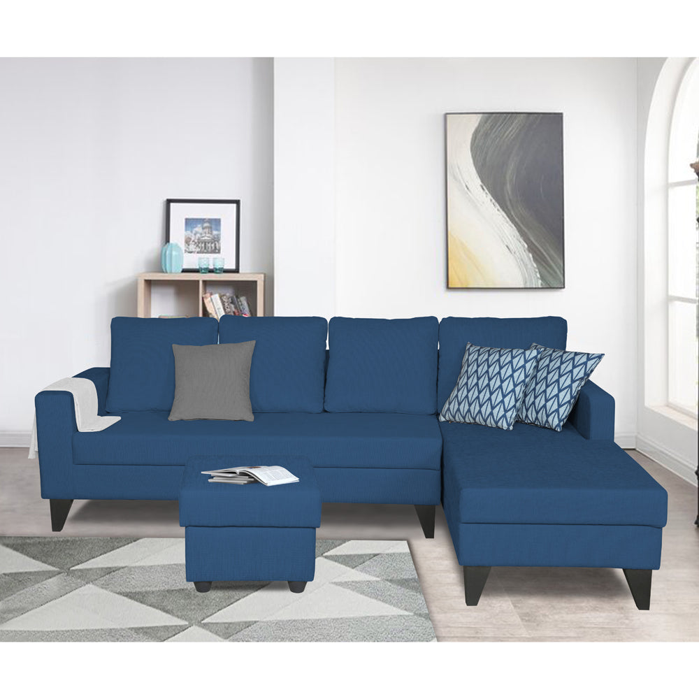 Adorn India Hallton L Shape Decent Sofa Set 7 Seater with Ottoman (Right Side) (Blue) (3 Year Warranty)