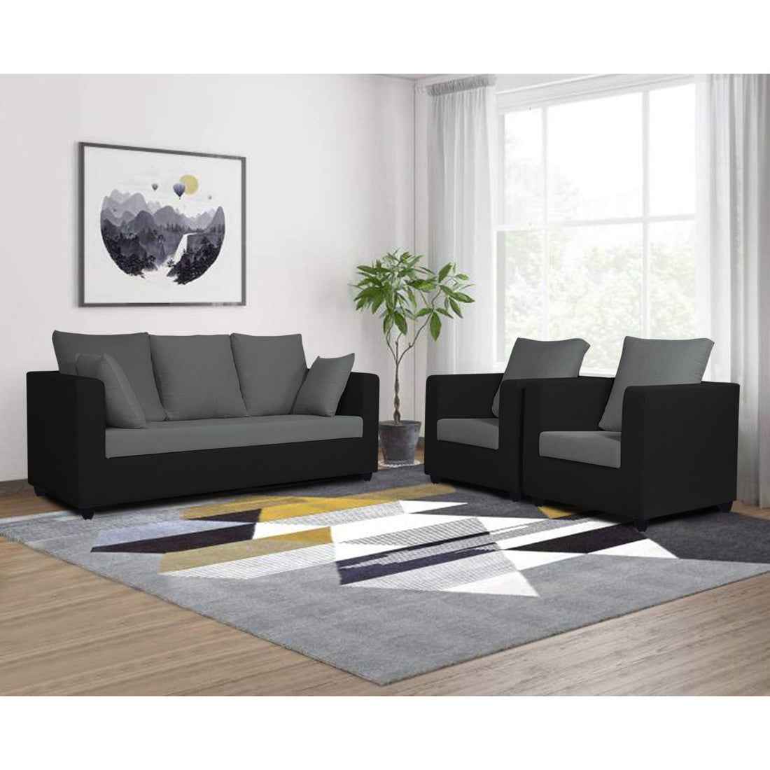 Zink Straight Line 3-1-1 5 Seater Sofa Set(Black & Grey)