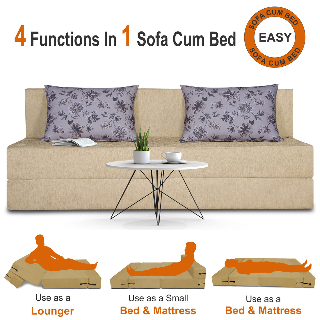 Adorn India Easy Three Seater Sofa Cum Bed Floral '6 x 6' (Beige), Foam