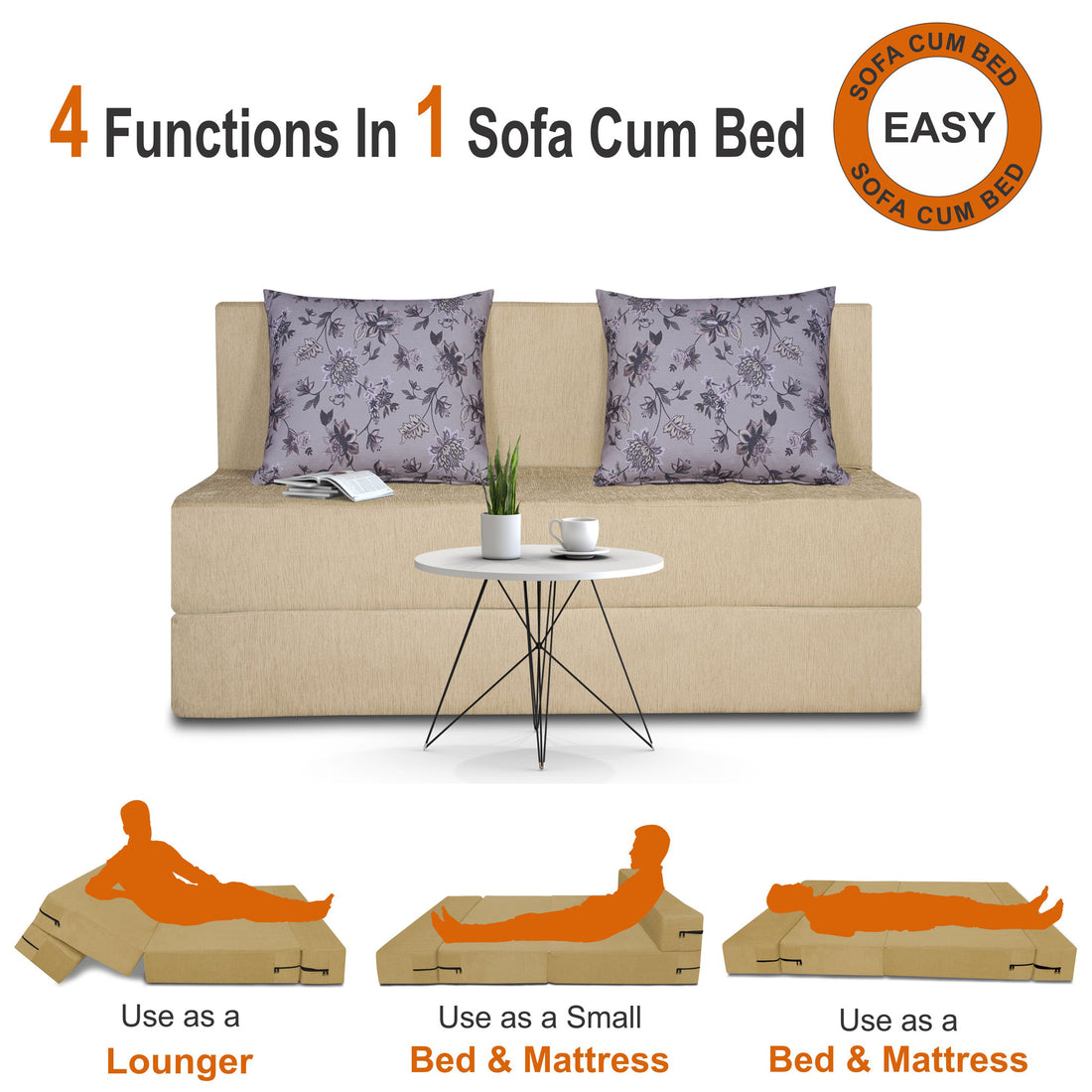 Adorn India Easy Two Seater Sofa Cum Bed Floral '4 x 6' (Beige), Foam