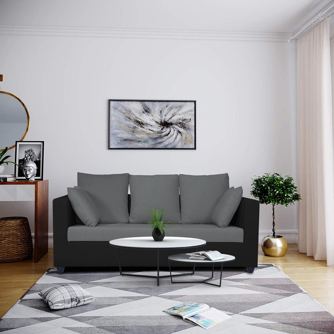 Adorn India Zink Straight Line 3 Seater Sofa (Black & Grey)