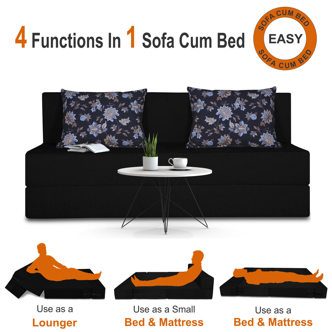 Adorn India Easy 3 Seater Sofa Cum Bed Floral '5 x 6' (Black)(1 Year Warranty)