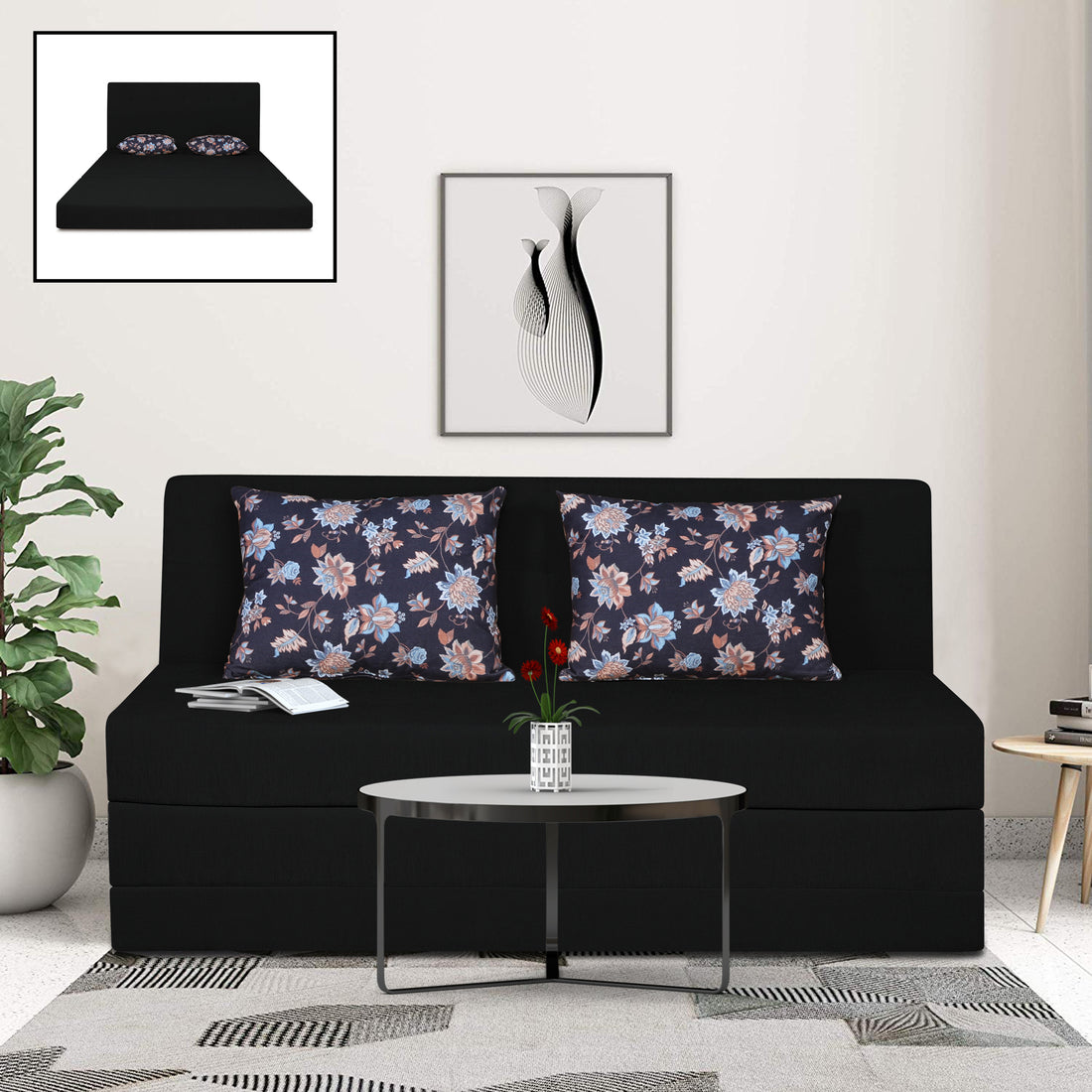 Adorn India Easy Highback Three Seater Sofa Cum Bed Floral 5' x 6' (Black) (1 Year Warranty)