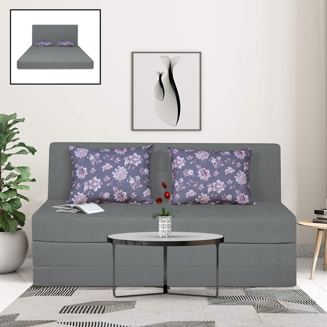 Adorn India Easy Highback Three Seater Sofa Cum Bed Floral 5' x 6' (Grey) (1 Year Warranty)
