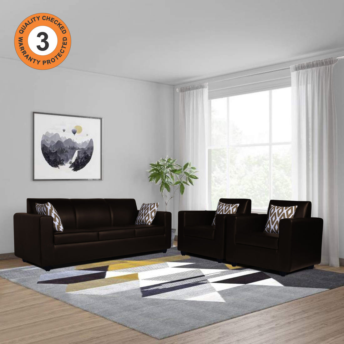 Adorn India Monteno Leatherette 3+1+1 5 Seater Sofa Set (Brown) (3 Year Warranty)