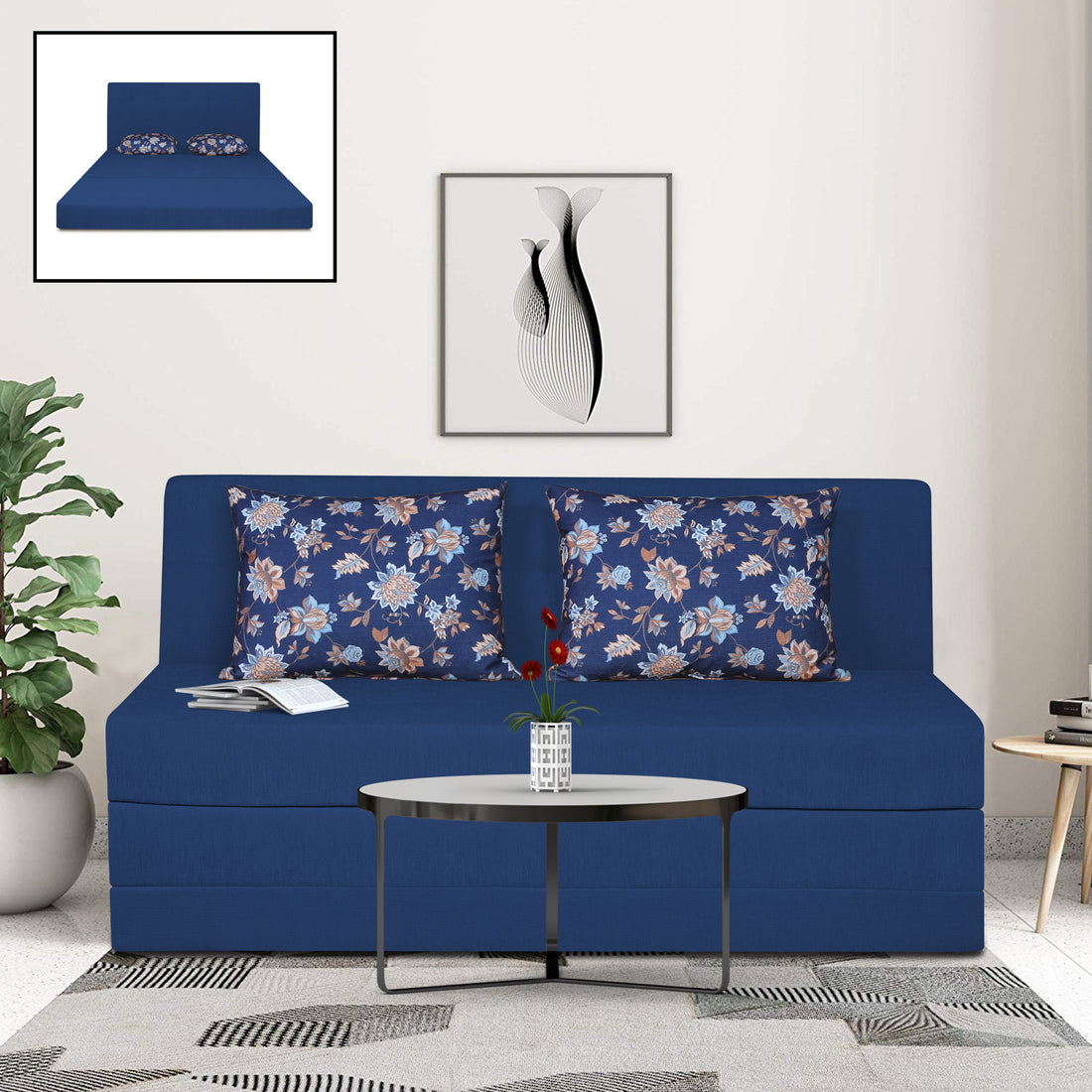 Adorn India Easy Highback Three Seater Sofa Cum Bed Floral 5' x 6' (Blue) (1 Year Warranty)