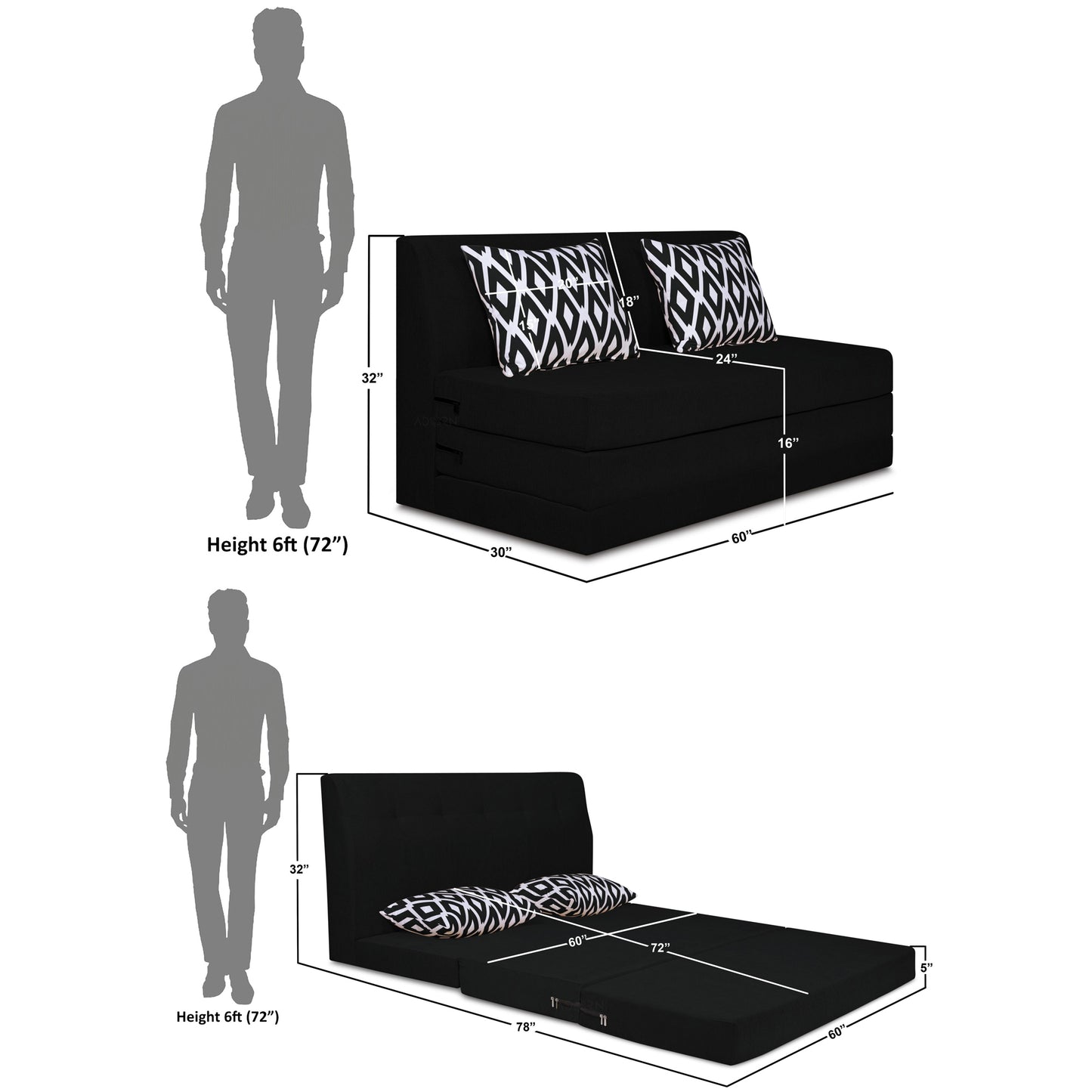 Adorn India Easy Highback Three Seater Sofa Cum Bed Rhombus 5' x 6' (Black)