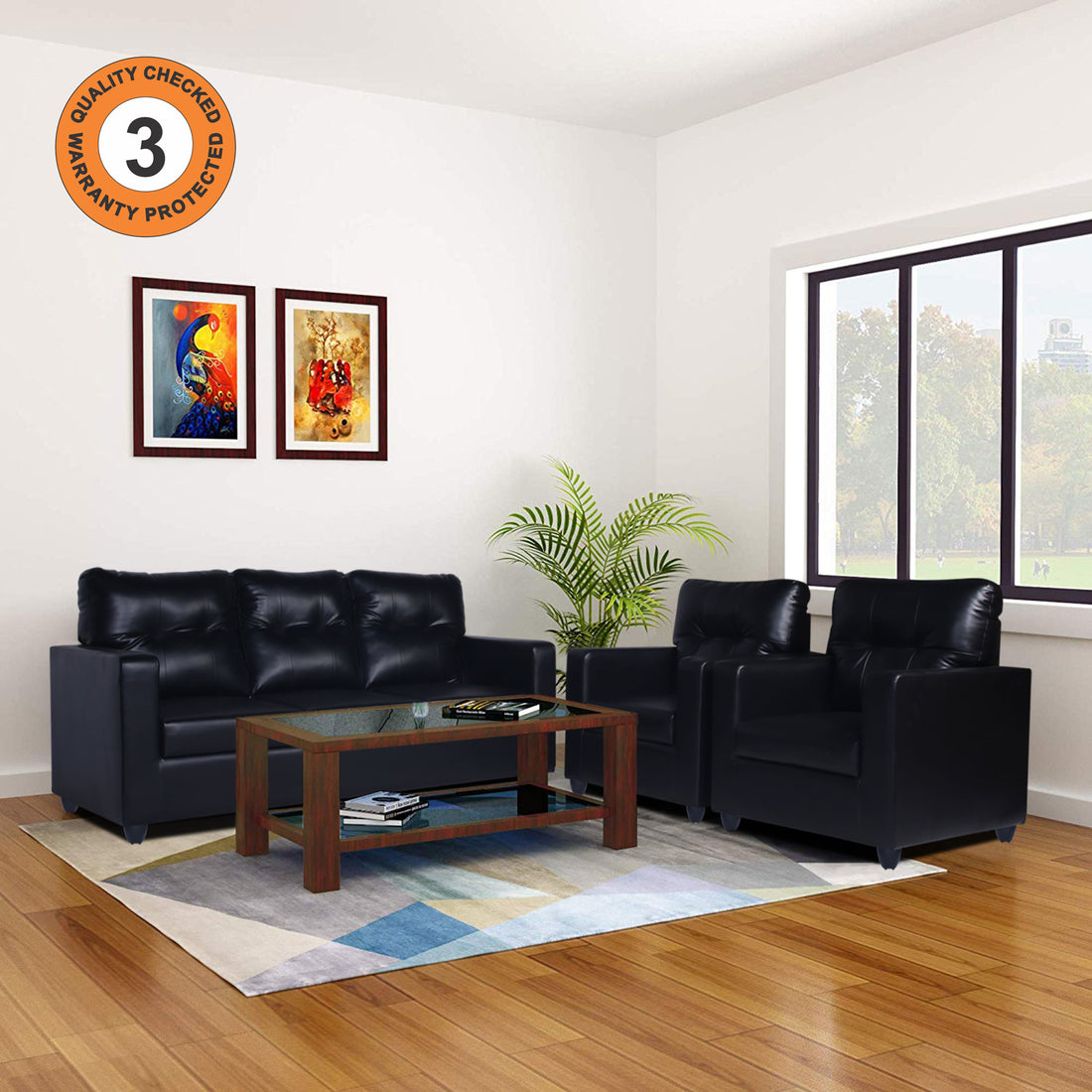 Adorn India Astor Leatherette 3+1+1 5 Seater Sofa Set (Black) (3 Year Warranty)