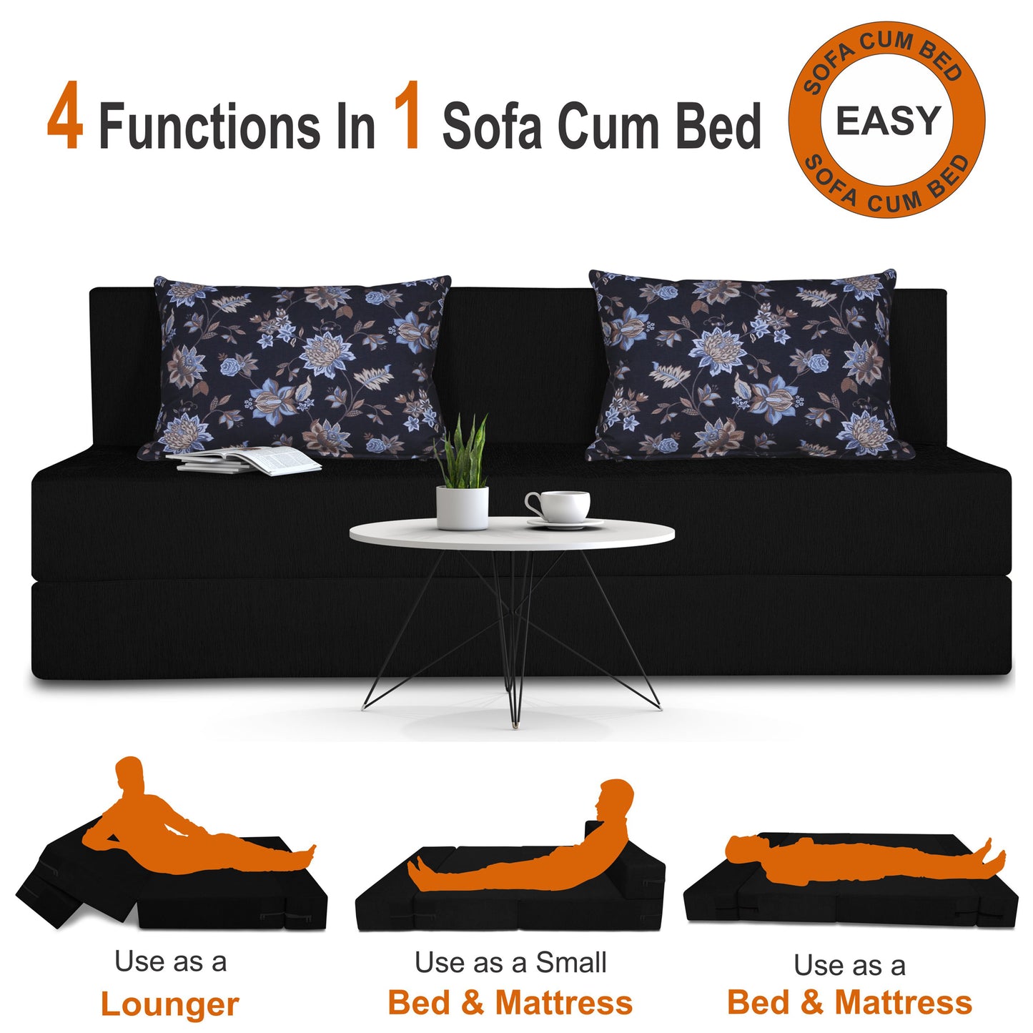 Adorn India Easy Three Seater Sofa Cum Bed Floral '6 x 6' (Black)