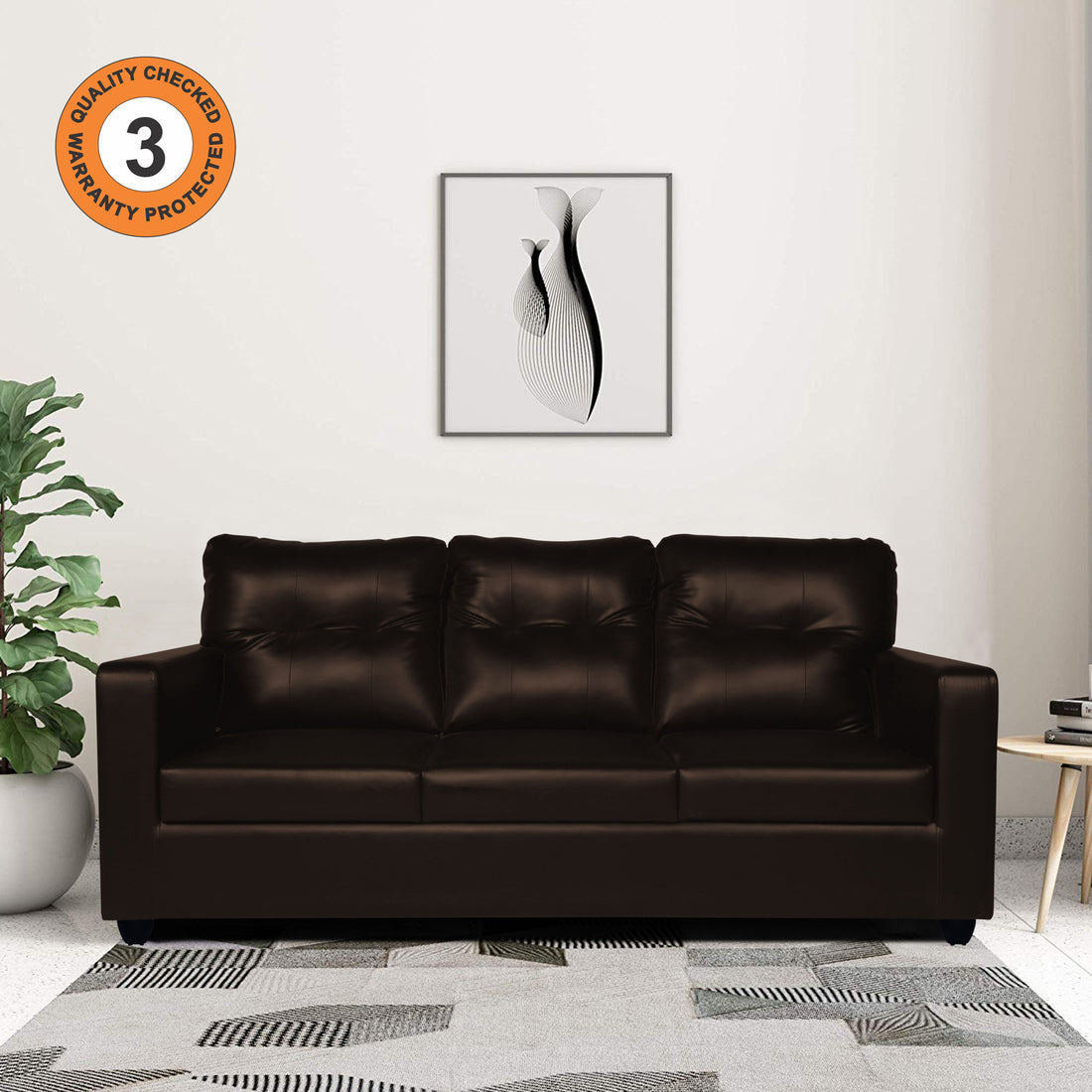 Adorn India Astor Leatherette 3 Seater Sofa (Brown) (3 Year Warranty)