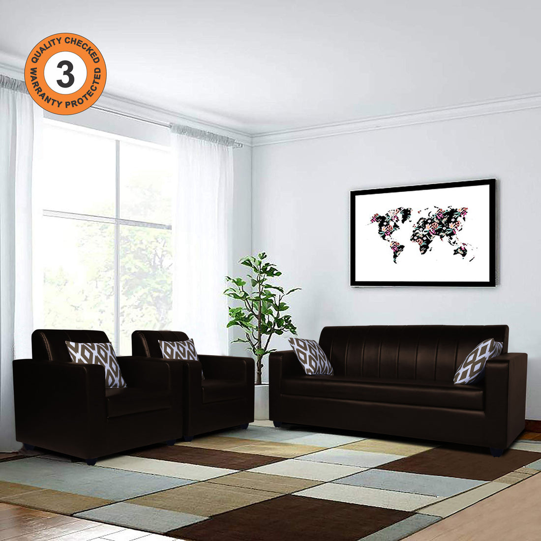 Adorn India Rio HighBack Leatherette 3+1+1 5 Seater Sofa Set (Brown) (3 Year Warranty)