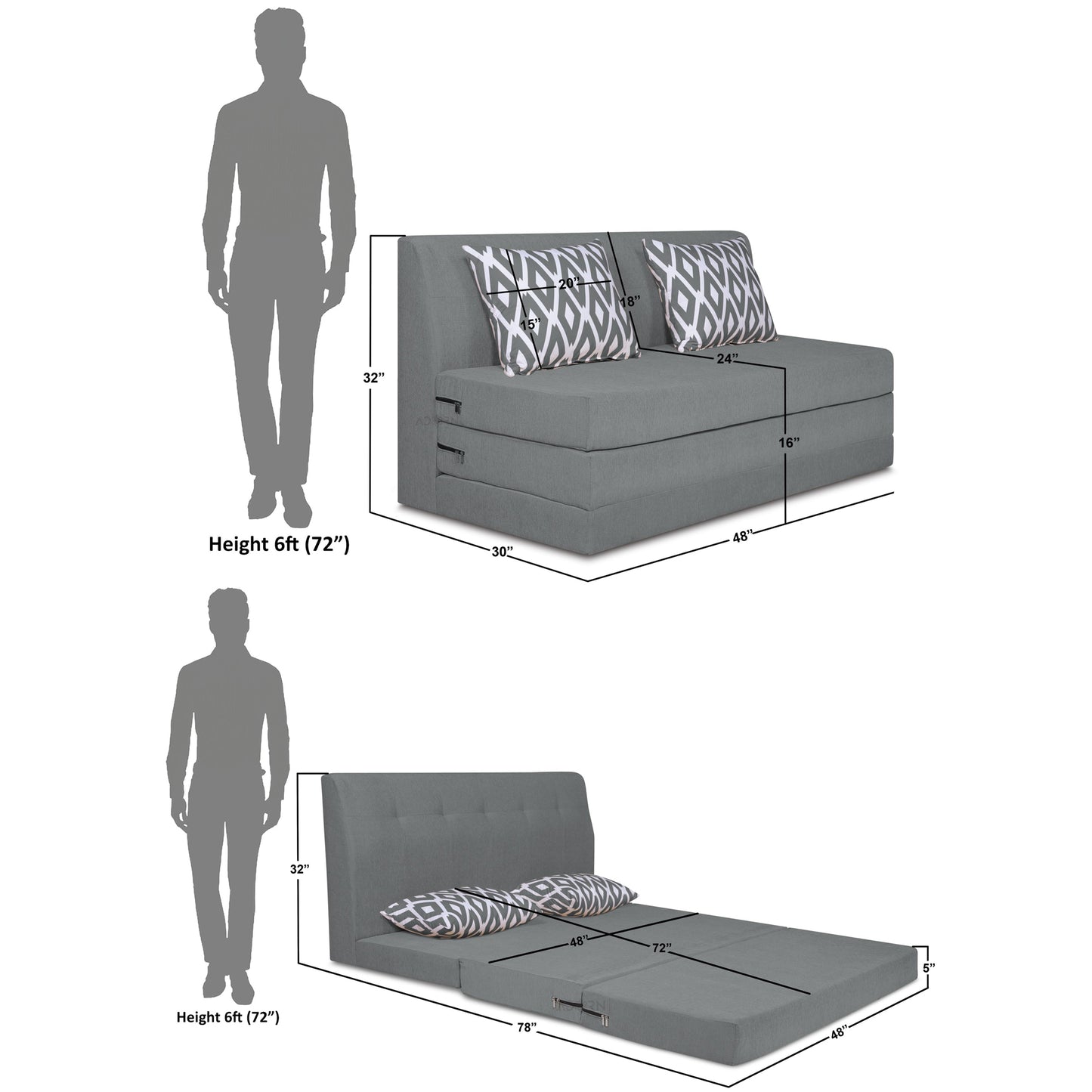 Adorn India Easy Highback Two Seater Sofa Cum Bed Rhombus 4' x 6' (Grey)