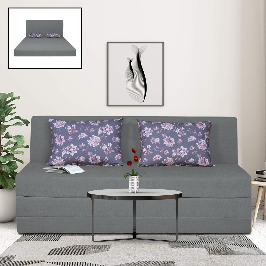Adorn India Easy Highback Three Seater Sofa Cum Bed Floral 6' x 6' (Grey) (1 Year Warranty)