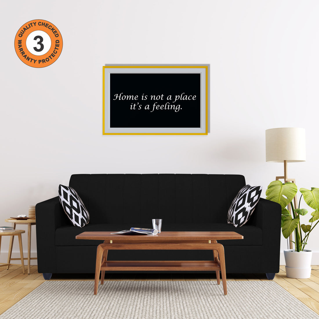 Adorn India Rio Highback 3 Seater Sofa (Black) (3 Year Warranty)