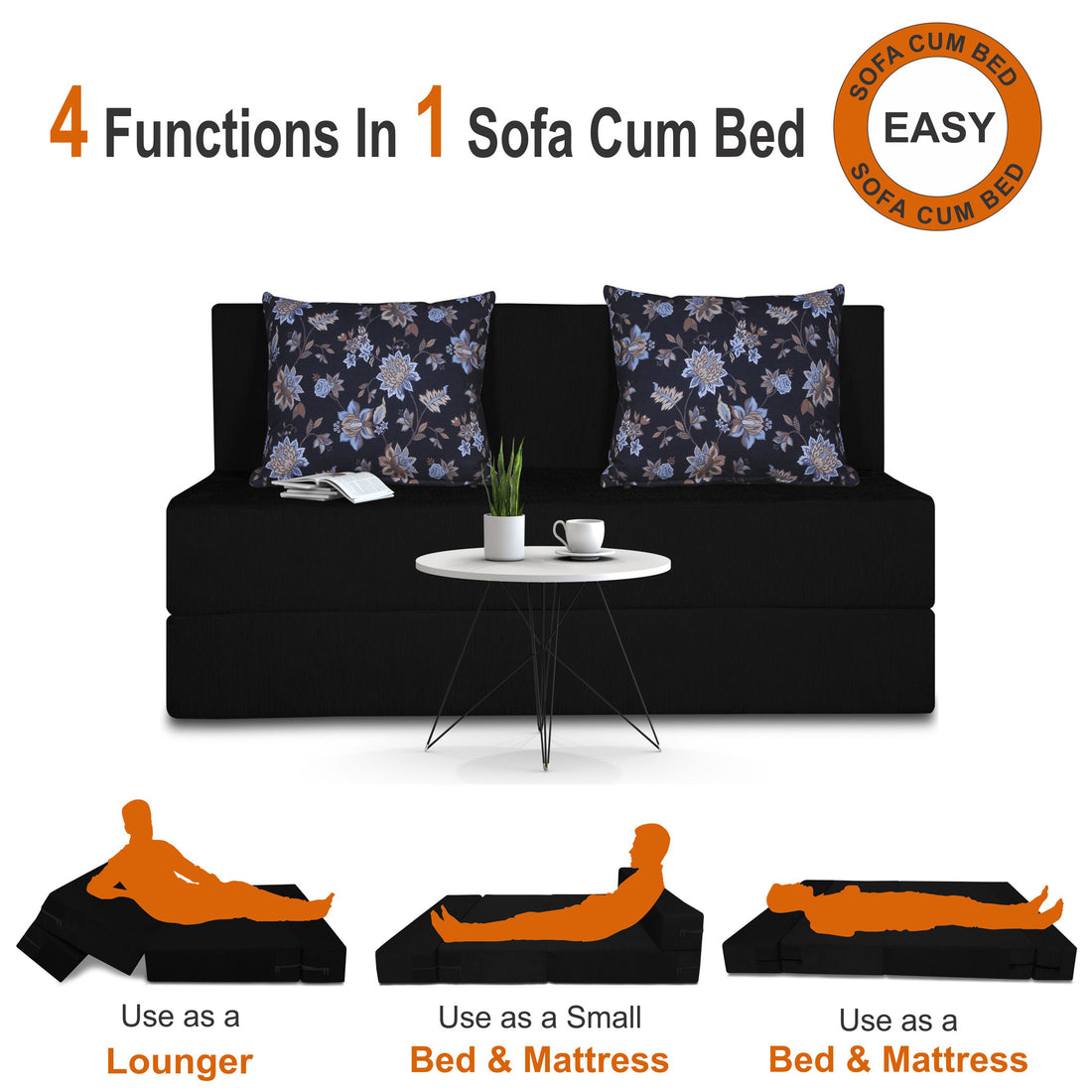 Adorn India Easy Two Seater Sofa Cum Bed Floral '4 x 6' (Black), Foam