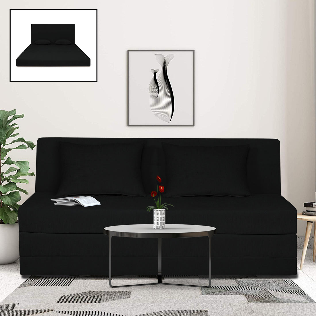 Adorn India Easy Highback Three Seater Sofa Cum Bed Decent 6' x 6' (Black) (1 Year Warranty)