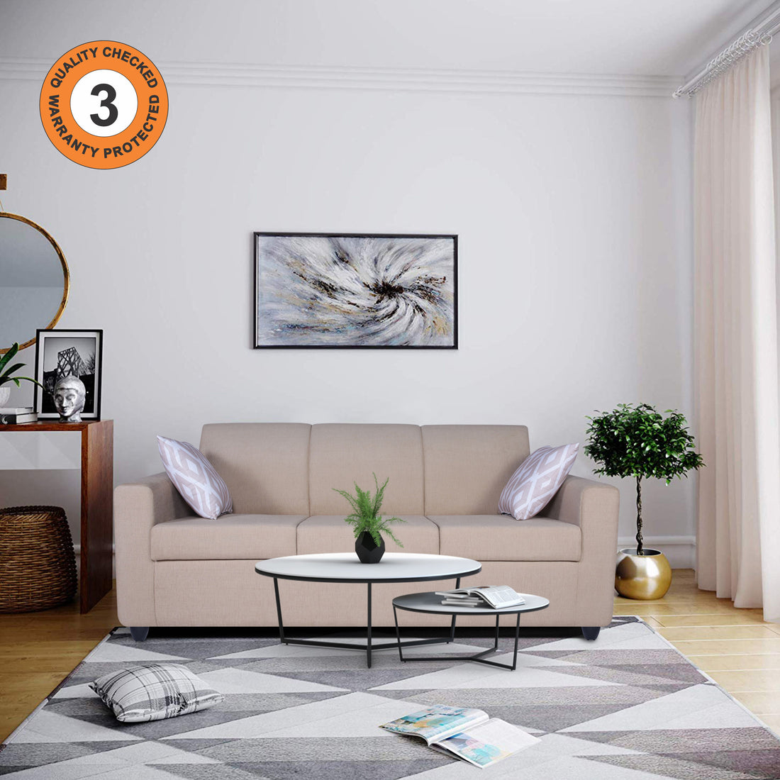 Adorn India Monteno 3 Seater Sofa (Beige) (3 Year Warranty)