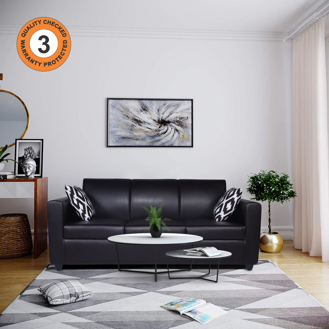 Adorn India Monteno Leatherette 3 Seater Sofa (Black) (3 Year Warranty)