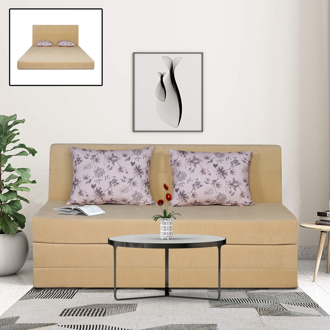 Adorn India Easy Highback Three Seater Sofa Cum Bed Floral 5' x 6' (Beige) (1 Year Warranty)