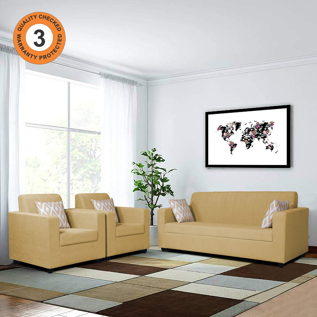 Adorn India Rio Highback 3+1+1 5 Seater Sofa Set (Beige) (3 Year Warranty)