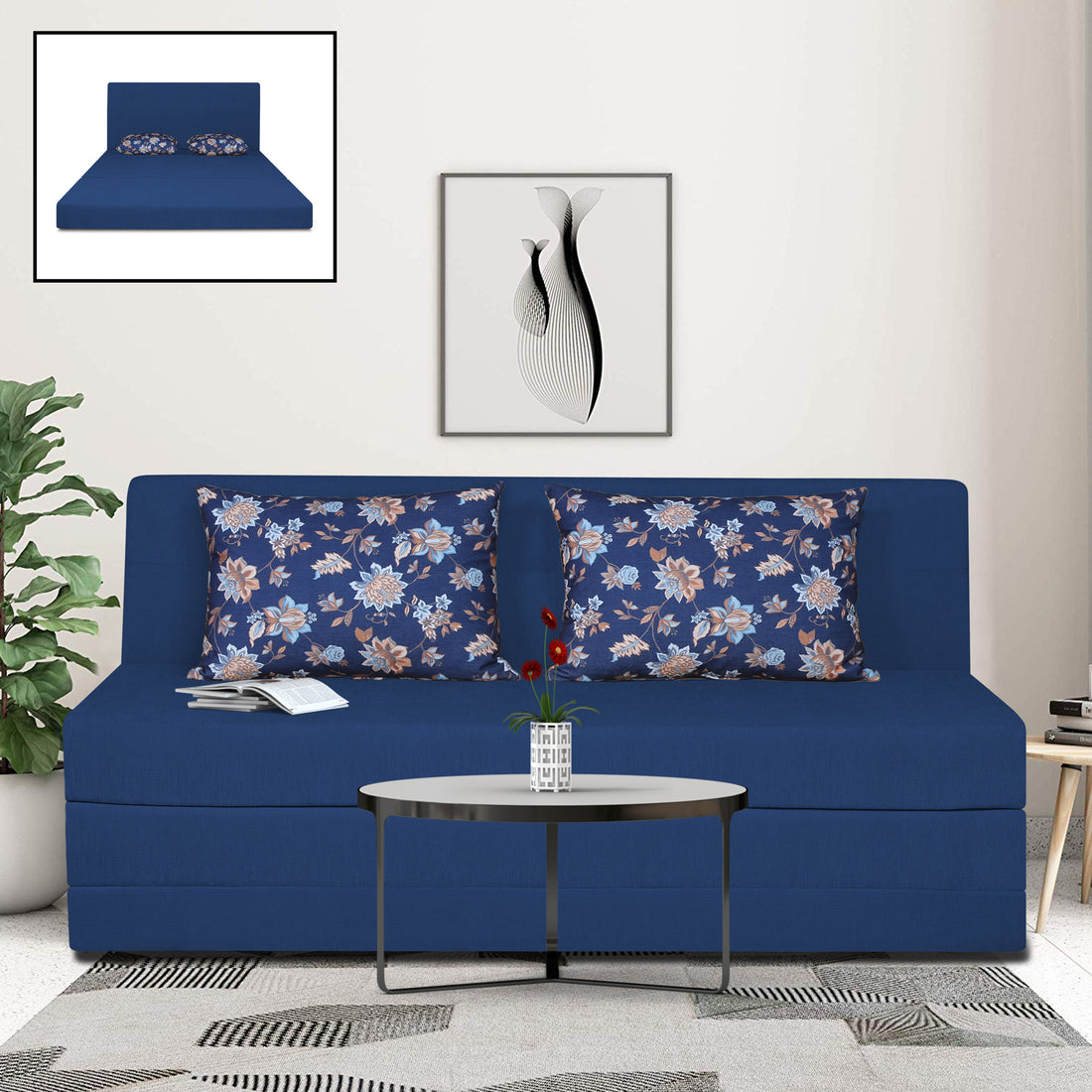 Adorn India Easy Highback Three Seater Sofa Cum Bed Floral 6' x 6' (Blue) (1 Year Warranty)