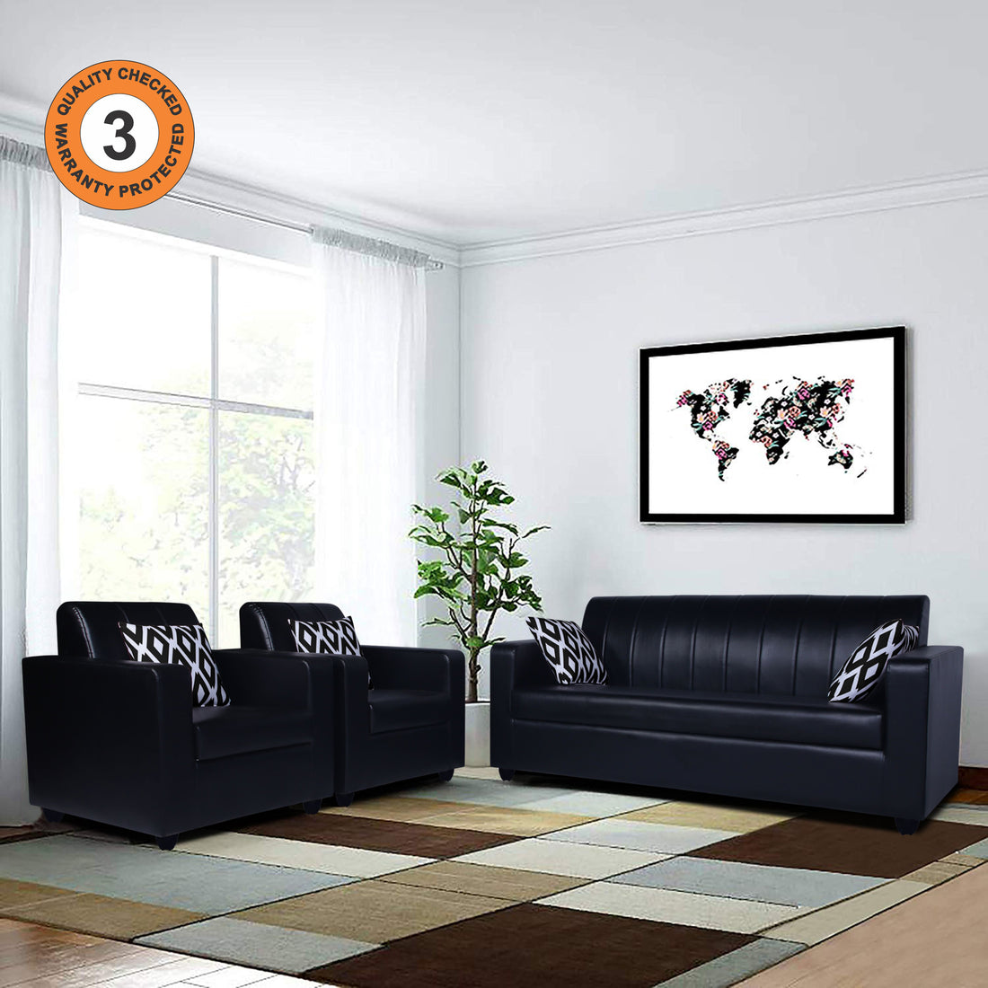 Adorn India Rio Highback Leatherette 3+1+1 5 Seater Sofa Set (Black) (3 Year Warranty)