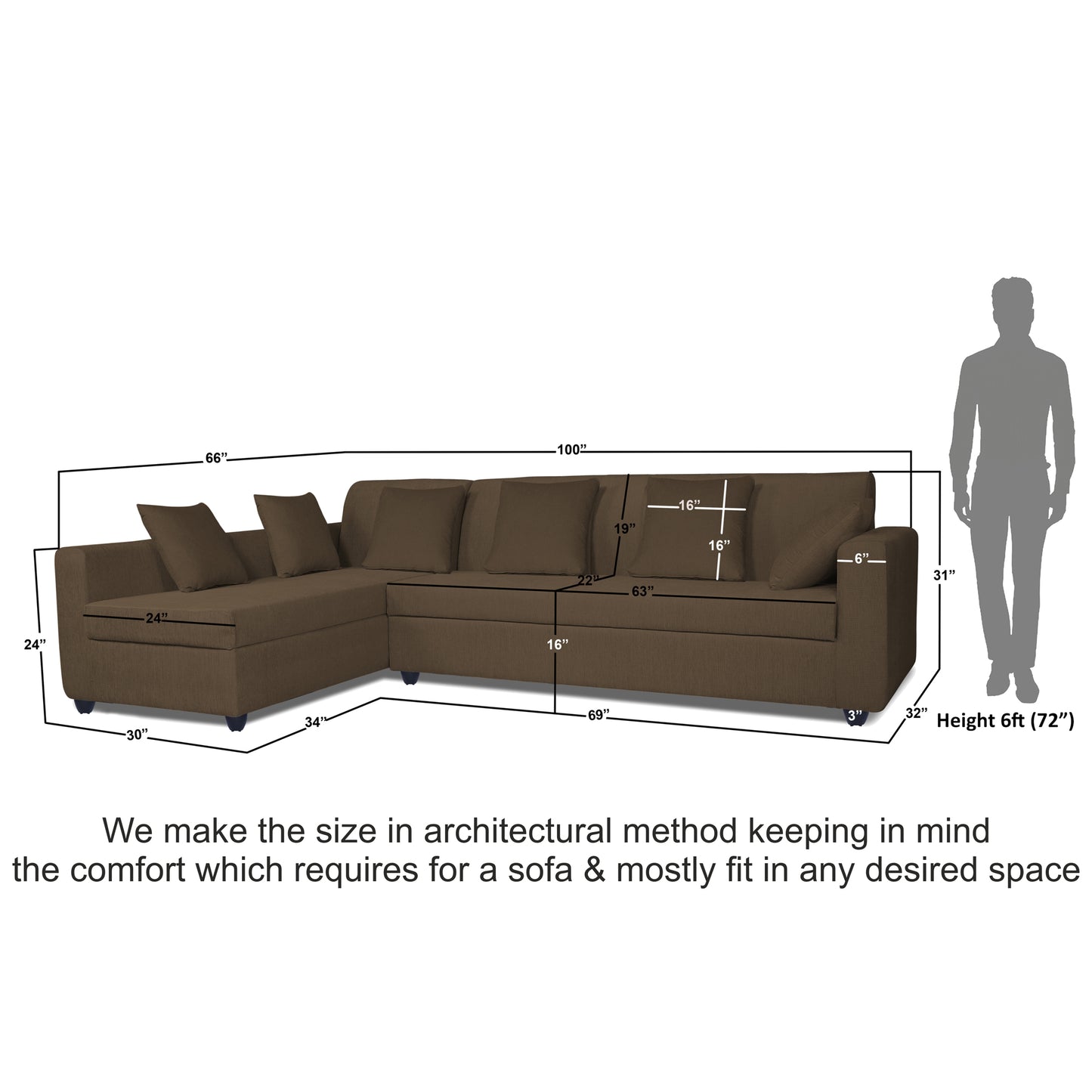 Adorn India Rio Decent L Shape 6 Seater corner Sofa Set (Left Side Handle) (Brown)