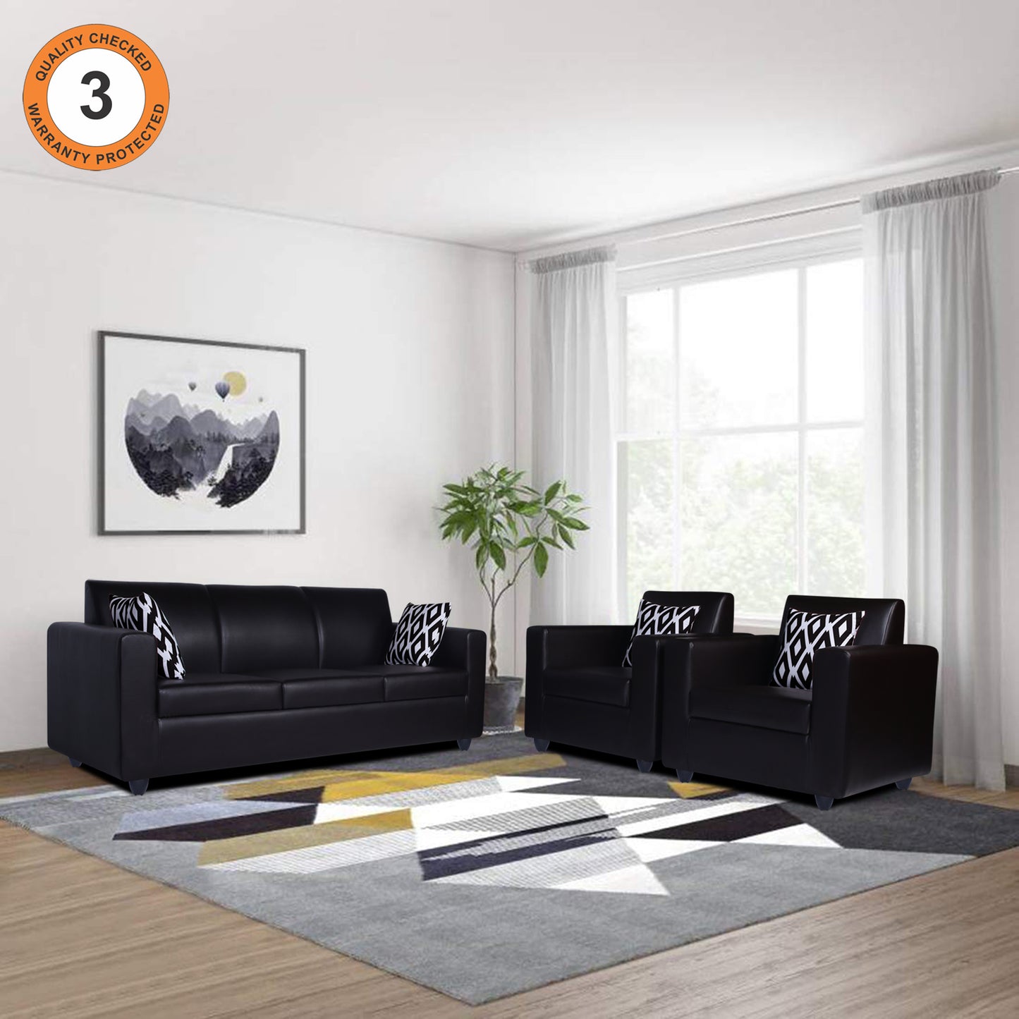 Adorn India Monteno Leatherette 5 Seater 3-1-1 Sofa Set (Black)