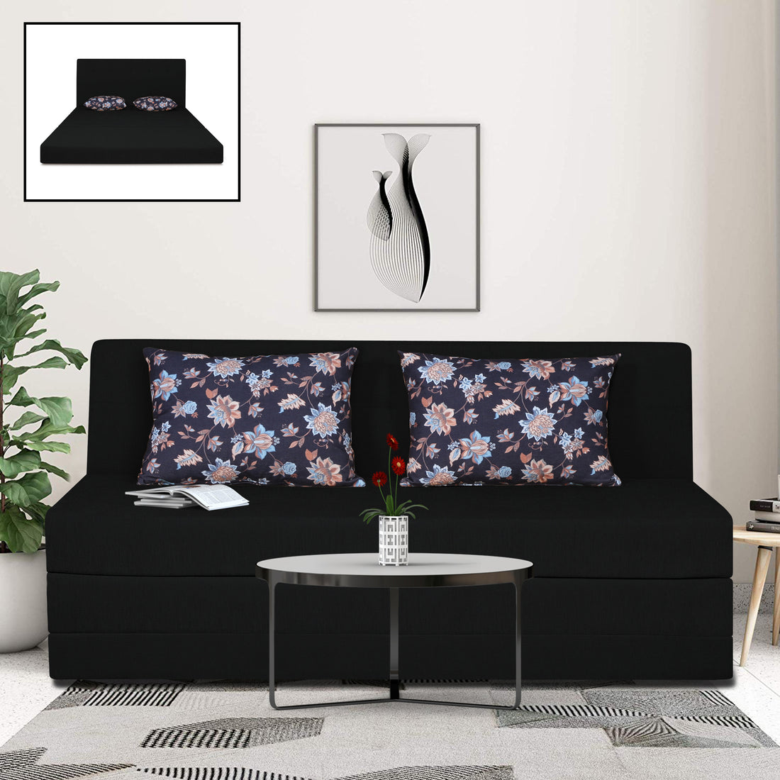 Adorn India Easy Highback Three Seater Sofa Cum Bed Floral 6' x 6' (Black) (1 Year Warranty)