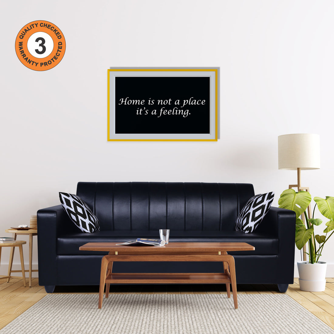 Adorn India Rio Highback Leatherette 3 Seater Sofa (Black) (3 Year Warranty)