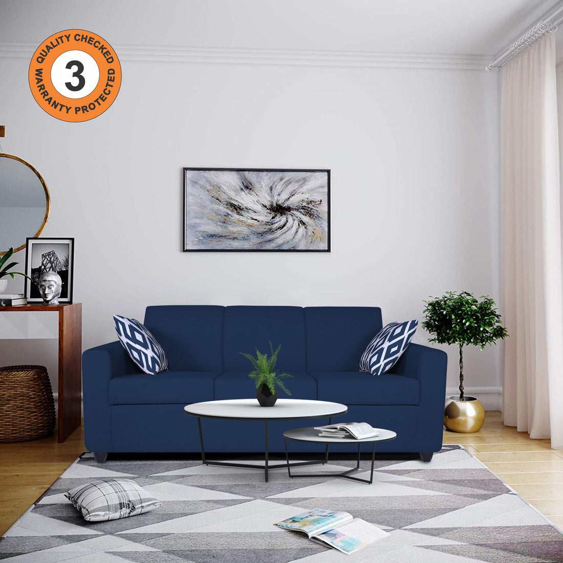 Adorn India Monteno 3 Seater Sofa (Blue) (3 Year Warranty)