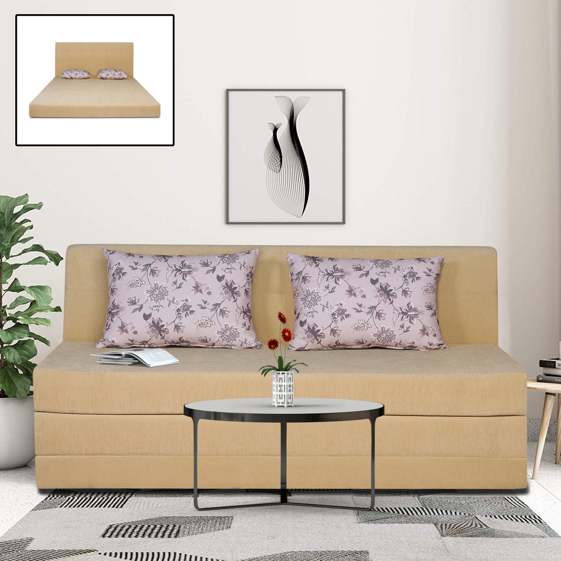 Adorn India Easy Highback Three Seater Sofa Cum Bed Floral 6' x 6' (Beige) (1 Year Warranty)