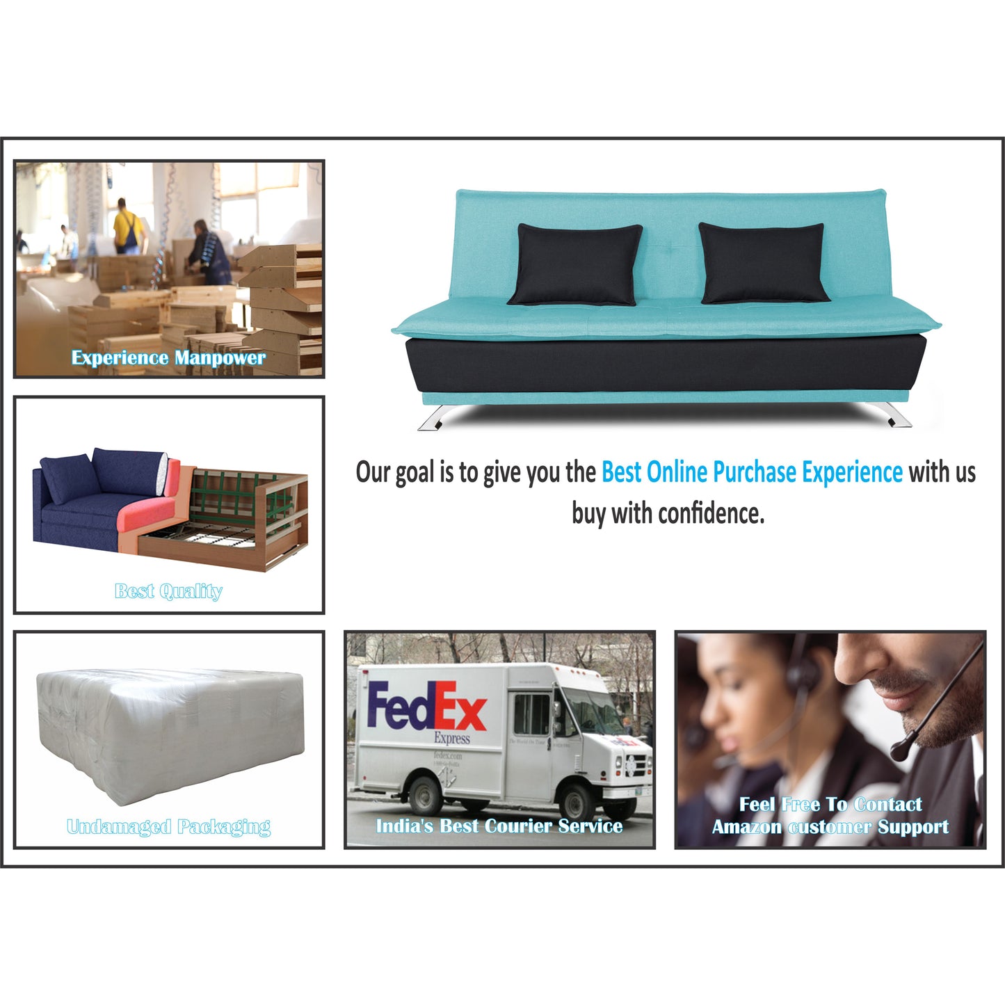 Adorn India Exclusive Two Tone Arden Three Seater Sofa Cum Bed (Aqua Blue & Black)