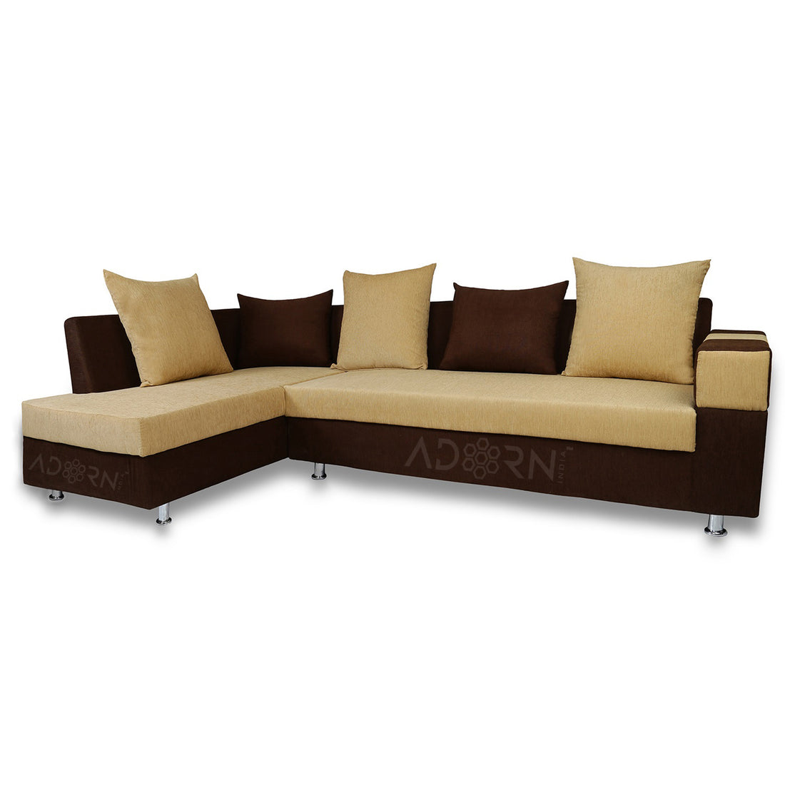 Adorn India Adillac 5 Seater Corner Sofa(Left Side Handle)(Brown & Beige), Wood, Foam
