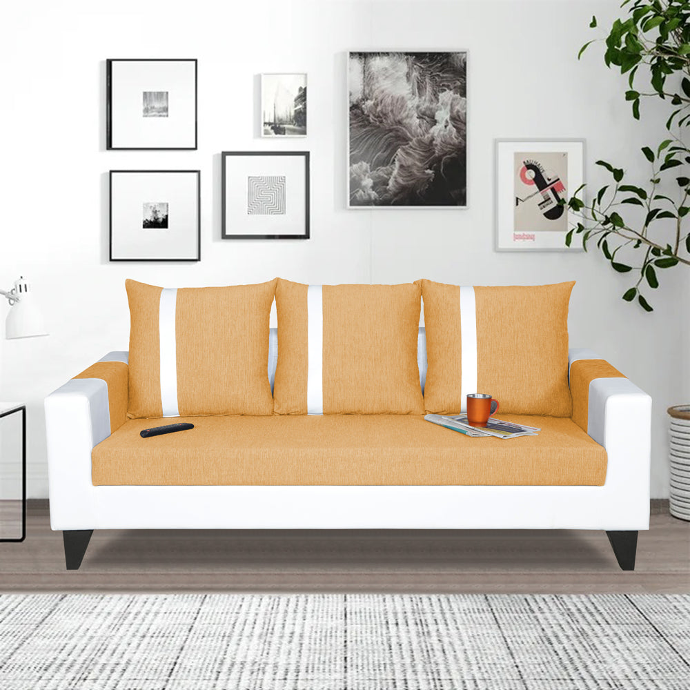 Adorn India Ashley Stripes Leatherette Fabric 3 Seater Sofa (Beige & White) (3 Year Warranty)