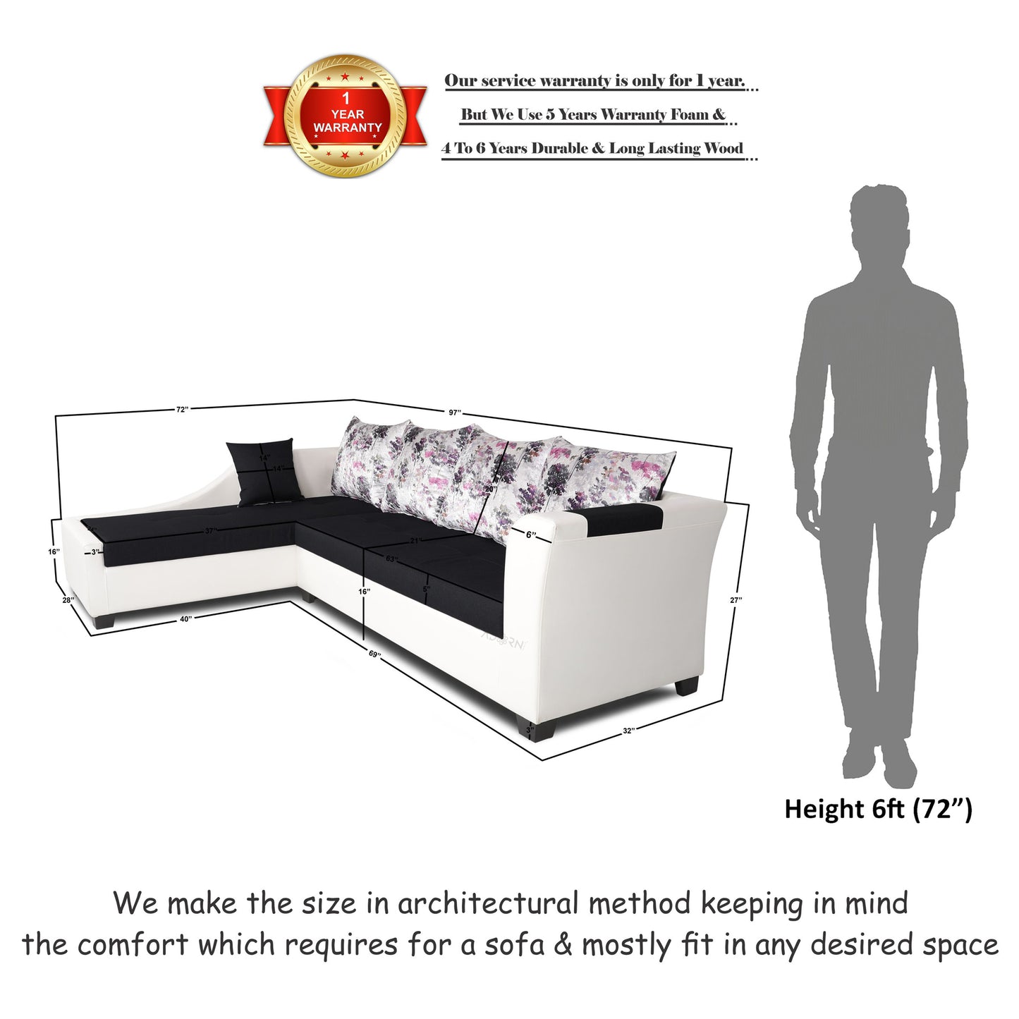 Adorn India Aliana L Shape Leatherette Fabric 6 Seater Sofa (Left Side Handle)(Black & White)
