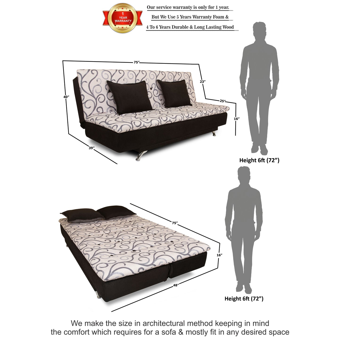 Adorn India Berry 3 Seater Sofa Cum Bed Digitel Print (Grey & Black)