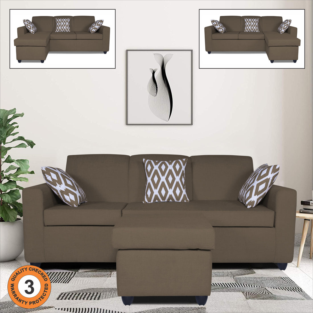 Adorn India Monteno L Shape 4 Seater Sofa Set (Brown) (3 Year Warranty)