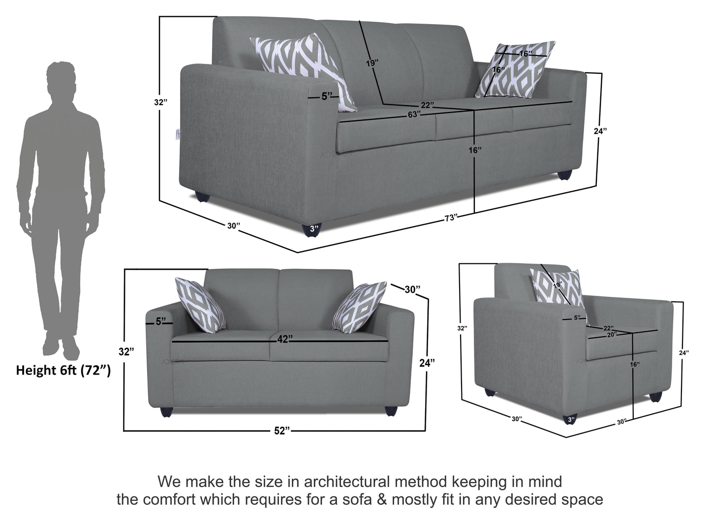 Adorn India Monteno Six Seater 3+2+1 Sofa Set (Grey)