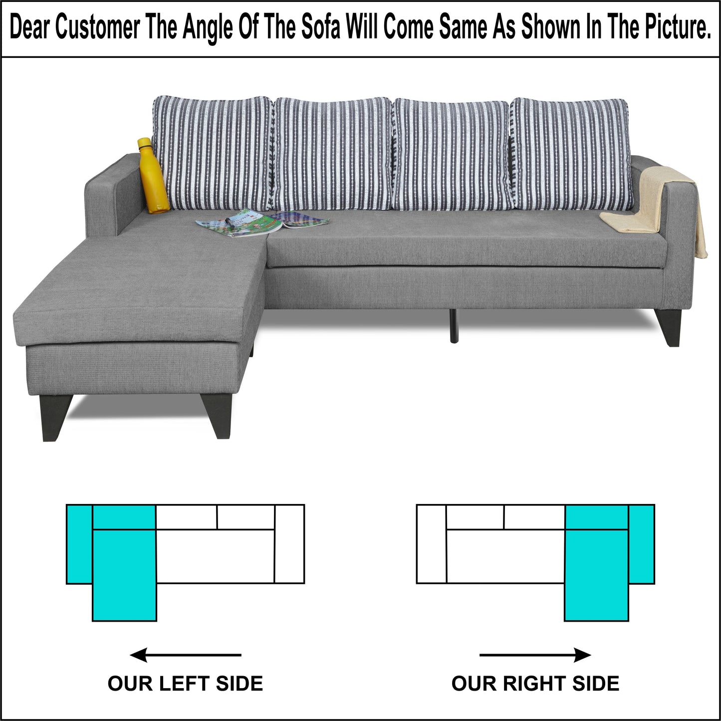 Adorn India Chandler L Shape 5 Seater Sofa Set Stripes (Left Hand Side) (Grey)
