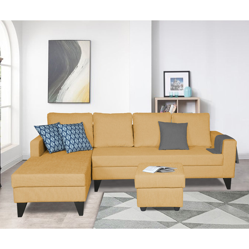 Adorn India Hallton L Shape Decent Sofa Set 7 Seater with Ottoman (Left Side) (Beige) (3 Year Warranty)