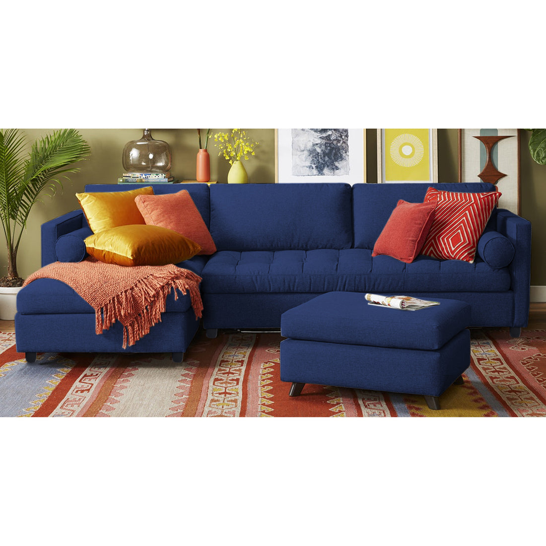 Adorn India Alexander L Shape 7 Seater Sofa Set with Ottoman Puffy LHS (Dark Blue) (3 Year Warranty)
